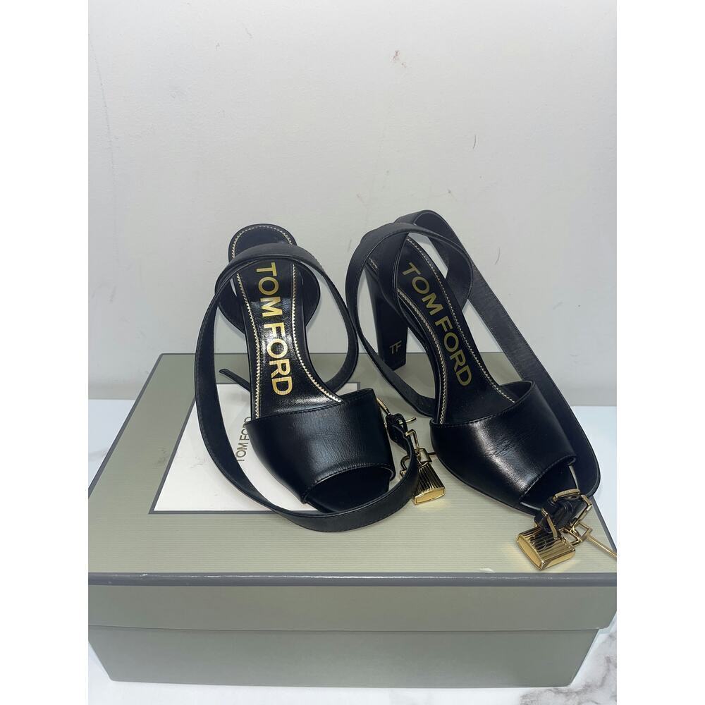 Tom Ford Black Leather Sandal Heels with Gold Padlock - Size 36 - Picture 2 of 4